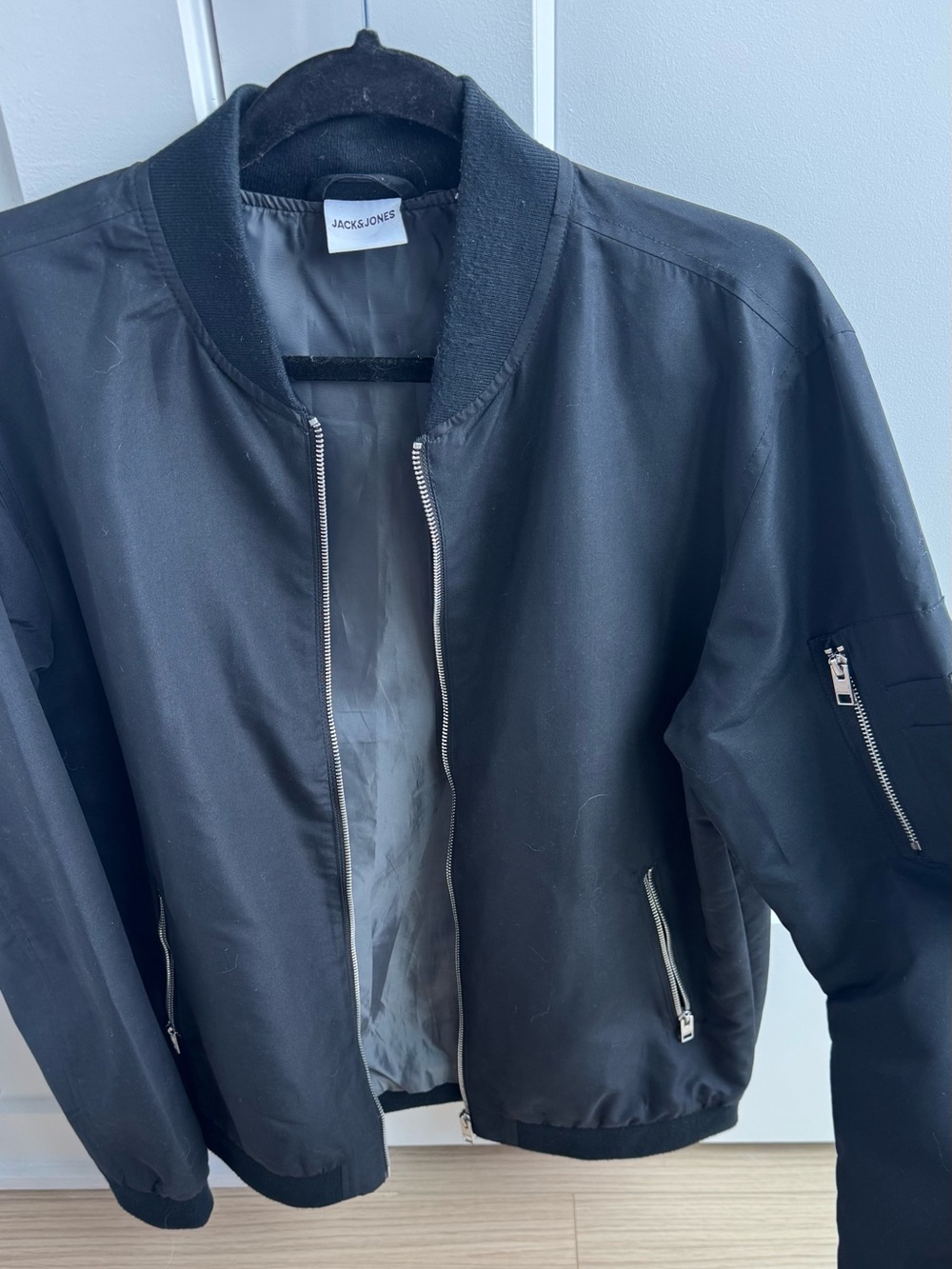 Jack & Jones Black Bomber Jacket with Silver Zippers